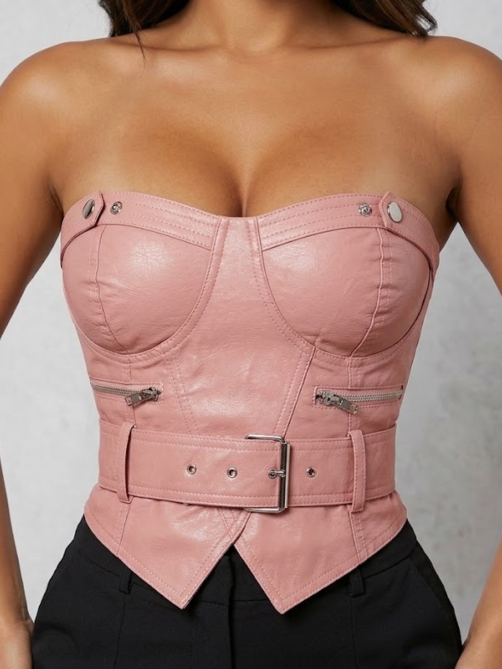 Rose Pink Faux Leather Corset Style Belted Top